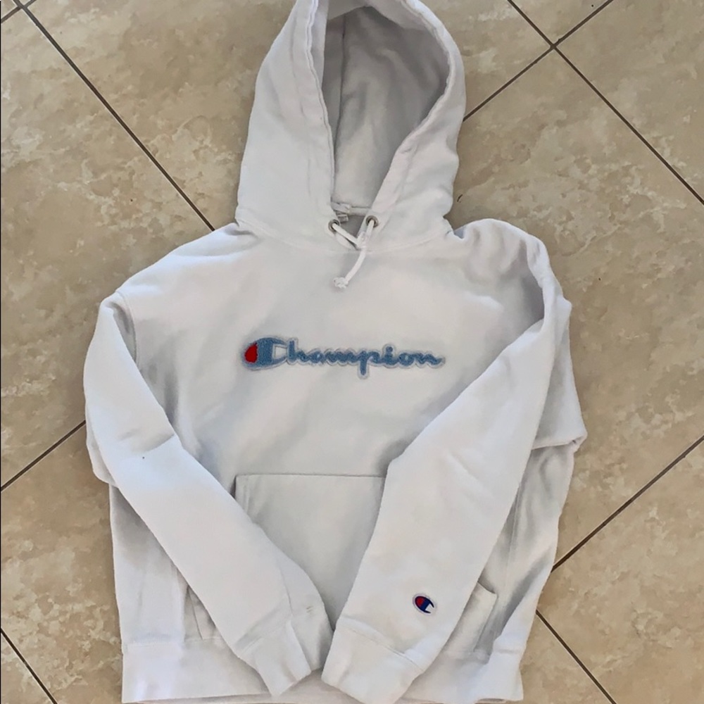 white and light blue champion hoodie